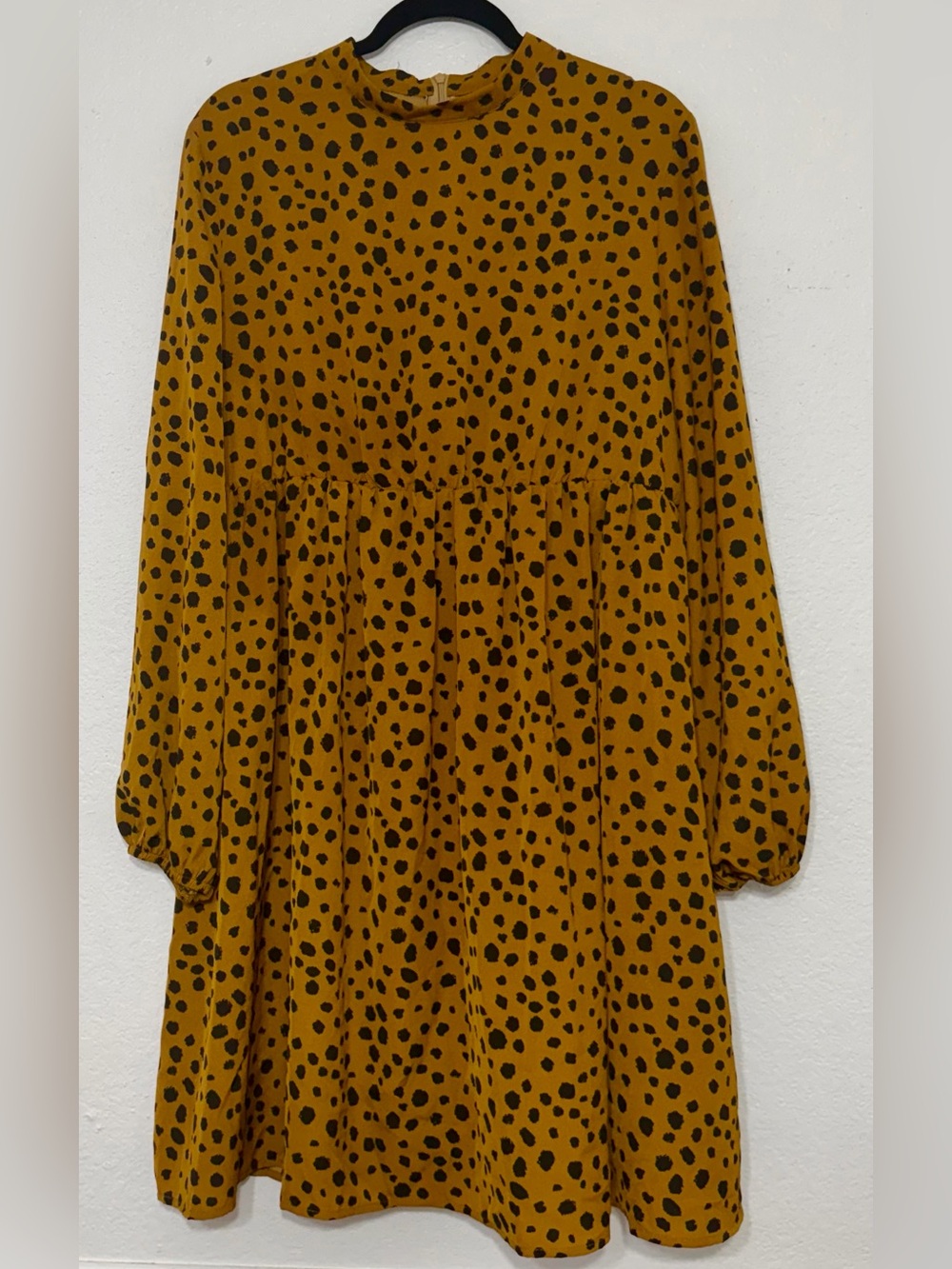 SHEIN Mustard Long Sleeve Tiered Dress with Black Spot Print